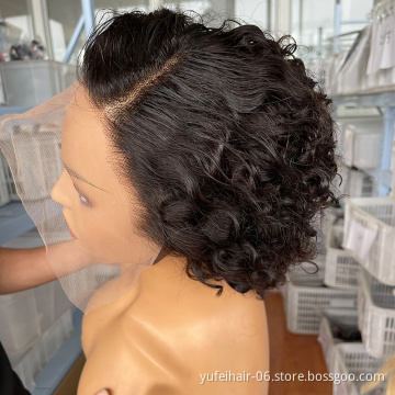 Wholesale Virgin Pixie Cut Short Lace Frontal Wig Vendors,Water Wave Pixie Curly Pre Plucked Lace Front Human Hair Wigs